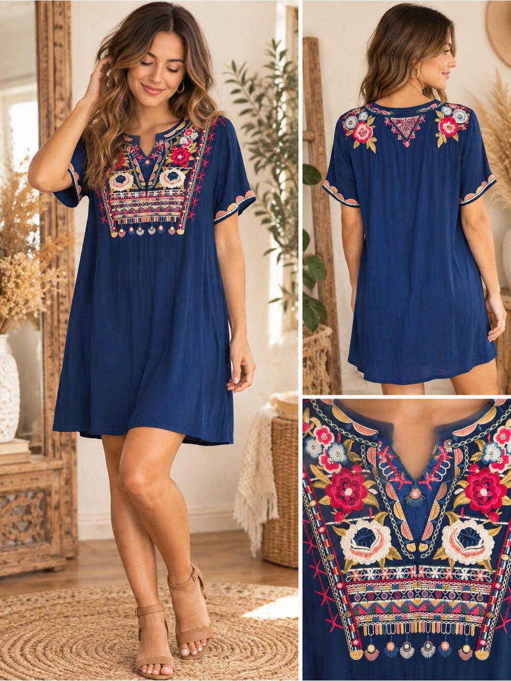 Chelsea & Theodore Navy Embroidered Short Sleeve Shift Dress